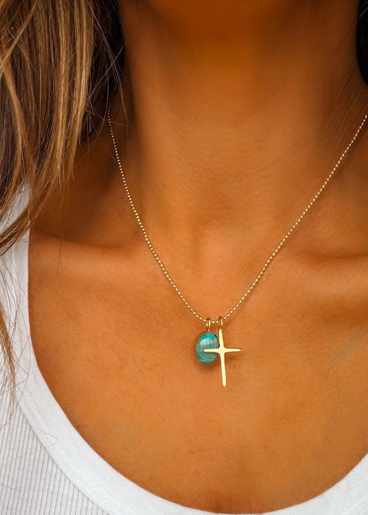 He Lives Gold Turquoise Necklace