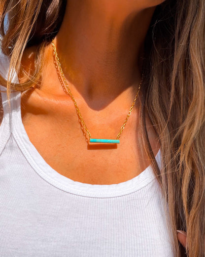 Dainty Long Turquoise Bar Necklace - Turnback Pony ™ - 