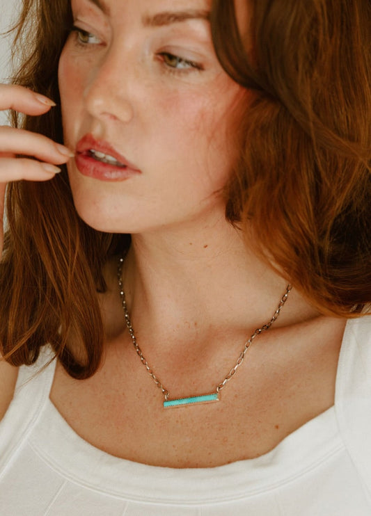 Dainty Long Turquoise Bar Necklace - Turnback Pony ™ - 