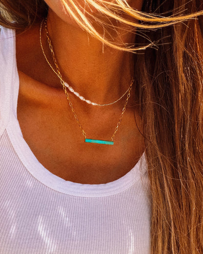 Dainty Long Turquoise Bar Necklace - Turnback Pony ™ - 